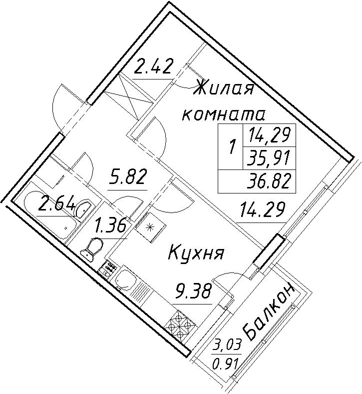 1-комнатная 38 м<sup>2</sup> на 2 этаже 1-комнатная 38 м<sup>2</sup> на 2 этаже