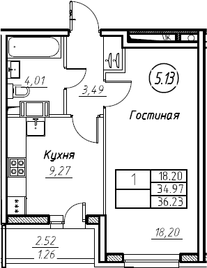 1-комнатная 37 м<sup>2</sup> на 3 этаже 1-комнатная 37 м<sup>2</sup> на 3 этаже