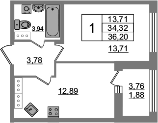 1-комнатная 38 м<sup>2</sup> на 26 этаже 1-комнатная 38 м<sup>2</sup> на 26 этаже