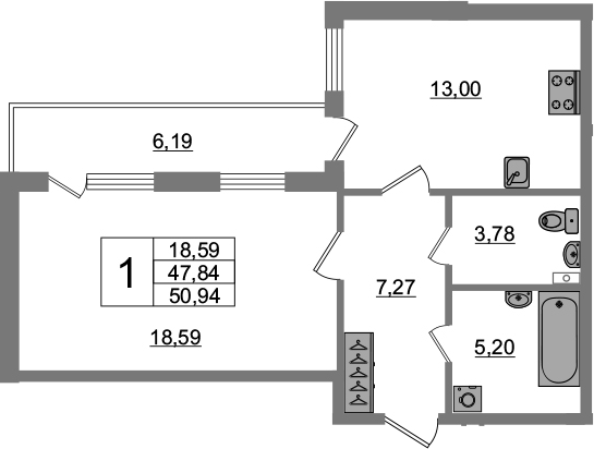 1-комнатная 54 м<sup>2</sup> на 1 этаже 1-комнатная 54 м<sup>2</sup> на 1 этаже
