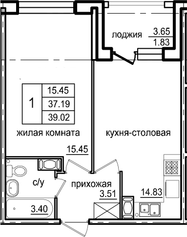 1-комнатная 40 м<sup>2</sup> на 4 этаже 1-комнатная 40 м<sup>2</sup> на 4 этаже