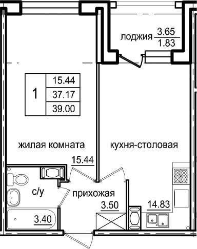1-комнатная 40 м<sup>2</sup> на 6 этаже 1-комнатная 40 м<sup>2</sup> на 6 этаже