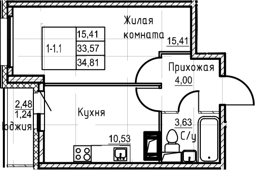 1-комнатная 36 м<sup>2</sup> на 15 этаже 1-комнатная 36 м<sup>2</sup> на 15 этаже