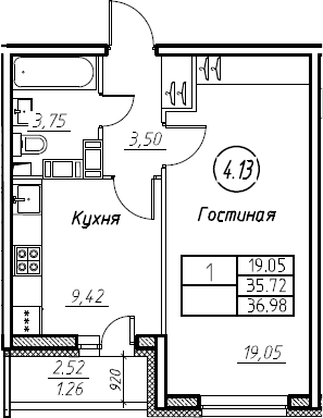 1-комнатная 38 м<sup>2</sup> на 17 этаже 1-комнатная 38 м<sup>2</sup> на 17 этаже