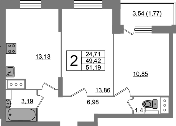 2-комнатная 52 м<sup>2</sup> на 4 этаже 2-комнатная 52 м<sup>2</sup> на 4 этаже