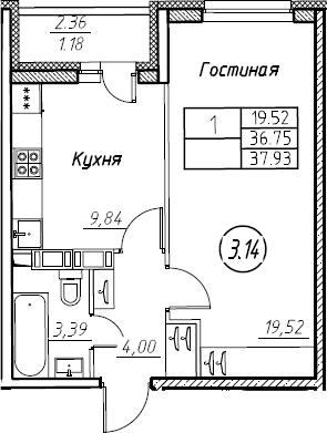 1-комнатная 39 м<sup>2</sup> на 15 этаже 1-комнатная 39 м<sup>2</sup> на 15 этаже
