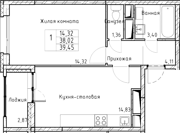 1-комнатная 40 м<sup>2</sup> на 3 этаже 1-комнатная 40 м<sup>2</sup> на 3 этаже