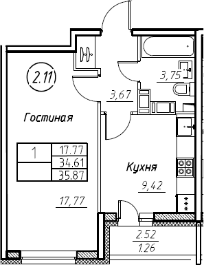 1-комнатная 37 м<sup>2</sup> на 19 этаже 1-комнатная 37 м<sup>2</sup> на 19 этаже