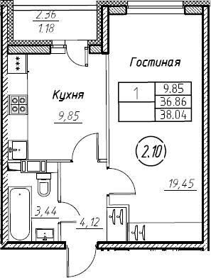 1-комнатная 39 м<sup>2</sup> на 5 этаже 1-комнатная 39 м<sup>2</sup> на 5 этаже