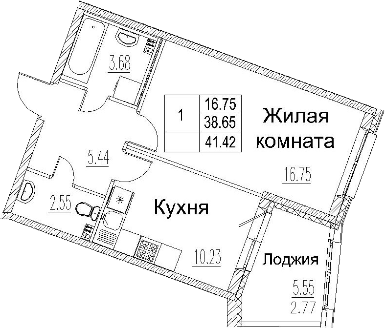 1-комнатная 44 м<sup>2</sup> на 2 этаже 1-комнатная 44 м<sup>2</sup> на 2 этаже