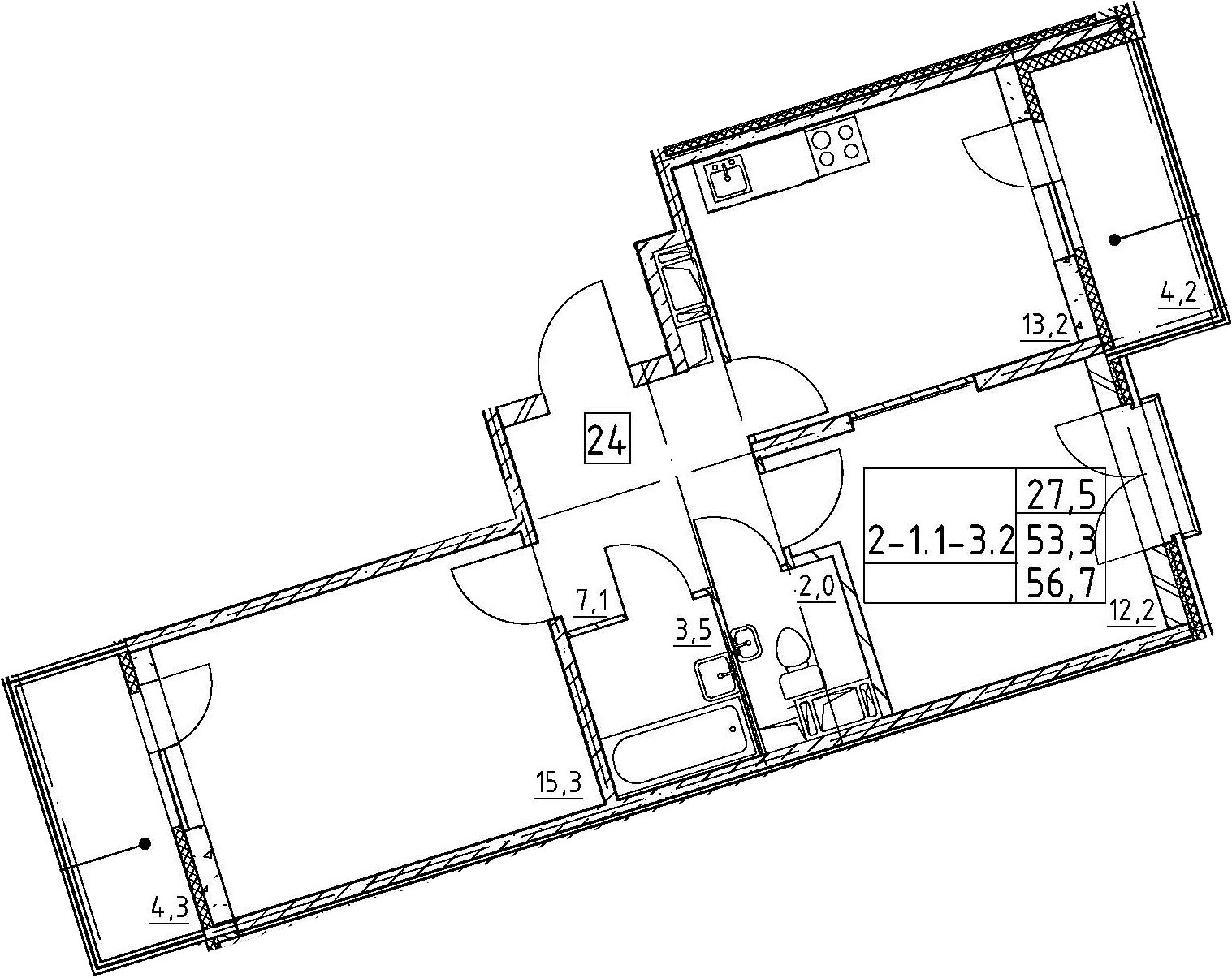 2-комнатная 61 м<sup>2</sup> на 7 этаже 2-комнатная 61 м<sup>2</sup> на 7 этаже