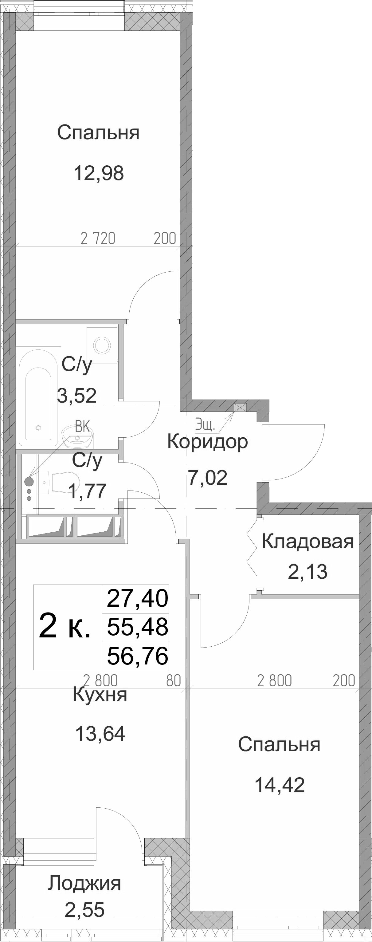 2-комнатная 58 м<sup>2</sup> на 2 этаже 2-комнатная 58 м<sup>2</sup> на 2 этаже