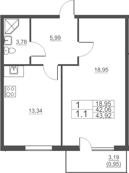 1-комнатная 46 м<sup>2</sup> на 2 этаже 1-комнатная 46 м<sup>2</sup> на 2 этаже