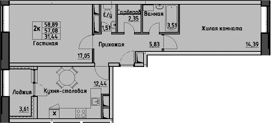 2-комнатная 60 м<sup>2</sup> на 13 этаже 2-комнатная 60 м<sup>2</sup> на 13 этаже