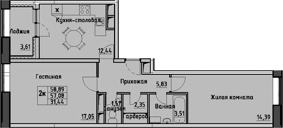 2-комнатная 60 м<sup>2</sup> на 13 этаже 2-комнатная 60 м<sup>2</sup> на 13 этаже