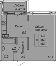 1-комнатная 38 м<sup>2</sup> на 2 этаже 1-комнатная 38 м<sup>2</sup> на 2 этаже