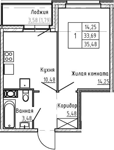 1-комнатная 37 м<sup>2</sup> на 3 этаже 1-комнатная 37 м<sup>2</sup> на 3 этаже