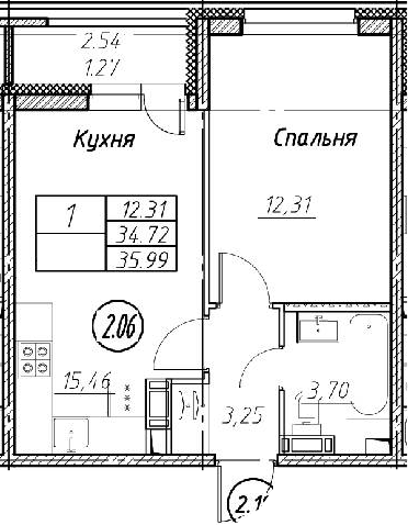 2-комнатная 37 м<sup>2</sup> на 2 этаже 2-комнатная 37 м<sup>2</sup> на 2 этаже
