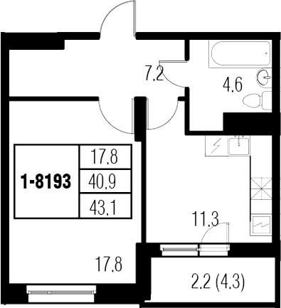 1-комнатная 45 м<sup>2</sup> на 19 этаже 1-комнатная 45 м<sup>2</sup> на 19 этаже