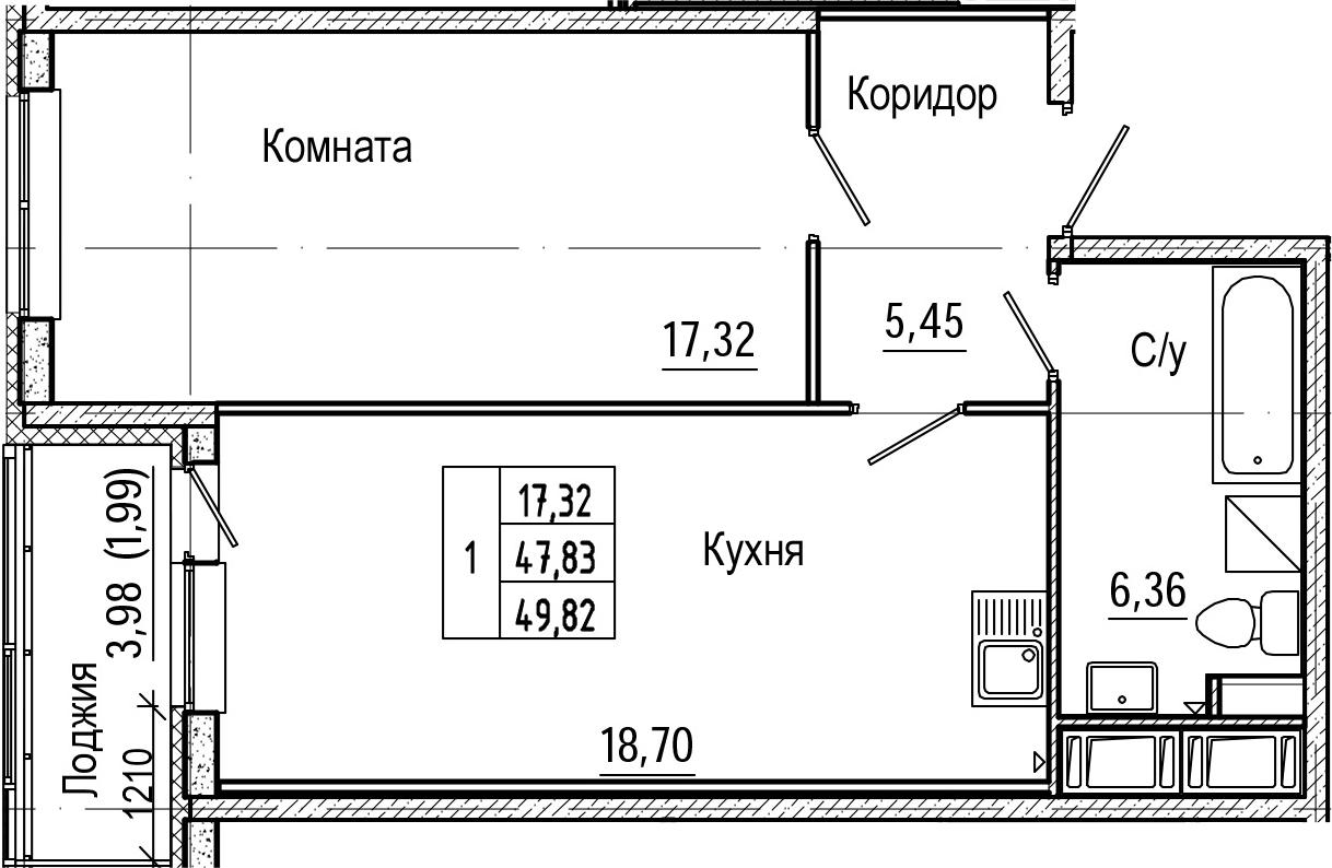 2-комнатная 51 м<sup>2</sup> на 19 этаже 2-комнатная 51 м<sup>2</sup> на 19 этаже