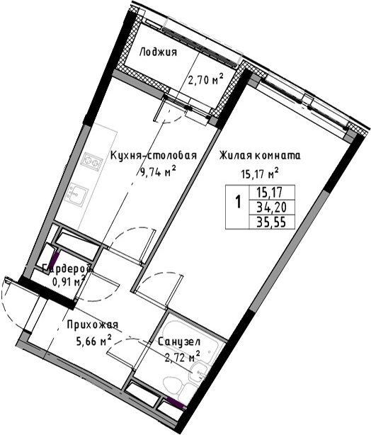 1-комнатная 36 м<sup>2</sup> на 5 этаже 1-комнатная 36 м<sup>2</sup> на 5 этаже