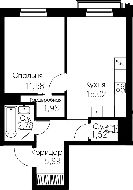 2-комнатная 38 м<sup>2</sup> на 4 этаже 2-комнатная 38 м<sup>2</sup> на 4 этаже