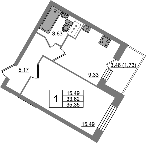1-комнатная 37 м<sup>2</sup> на 14 этаже 1-комнатная 37 м<sup>2</sup> на 14 этаже