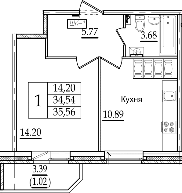 1-комнатная 37 м<sup>2</sup> на 19 этаже 1-комнатная 37 м<sup>2</sup> на 19 этаже