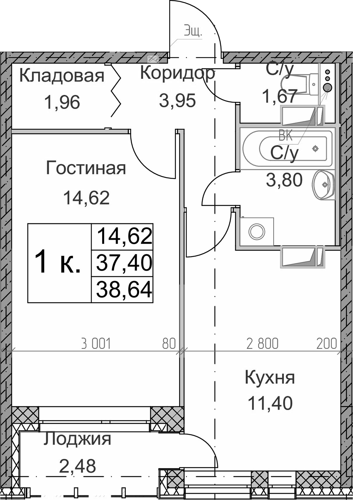 1-комнатная 39 м<sup>2</sup> на 3 этаже 1-комнатная 39 м<sup>2</sup> на 3 этаже