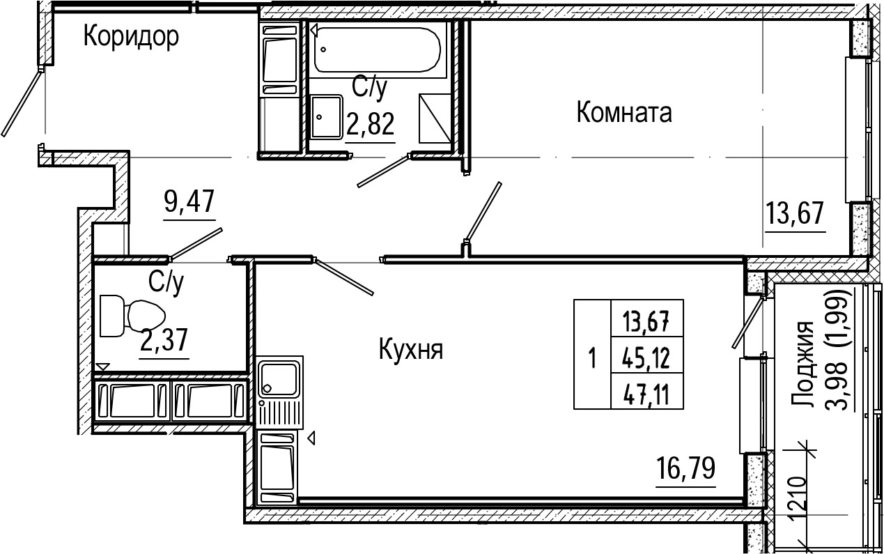 2-комнатная 49 м<sup>2</sup> на 21 этаже 2-комнатная 49 м<sup>2</sup> на 21 этаже