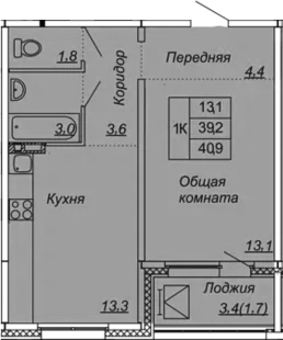 1-комнатная 42 м<sup>2</sup> на 3 этаже 1-комнатная 42 м<sup>2</sup> на 3 этаже