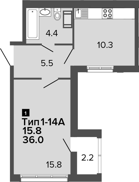 1-комнатная 38 м<sup>2</sup> на 10 этаже 1-комнатная 38 м<sup>2</sup> на 10 этаже