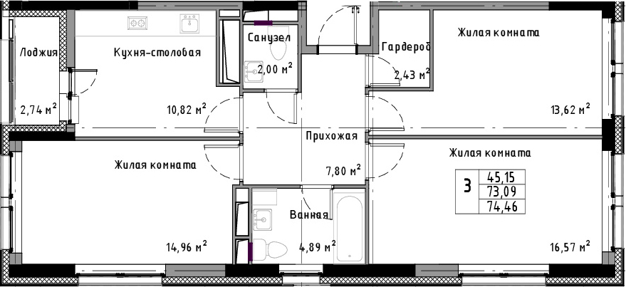 3-комнатная 75 м<sup>2</sup> на 4 этаже 3-комнатная 75 м<sup>2</sup> на 4 этаже