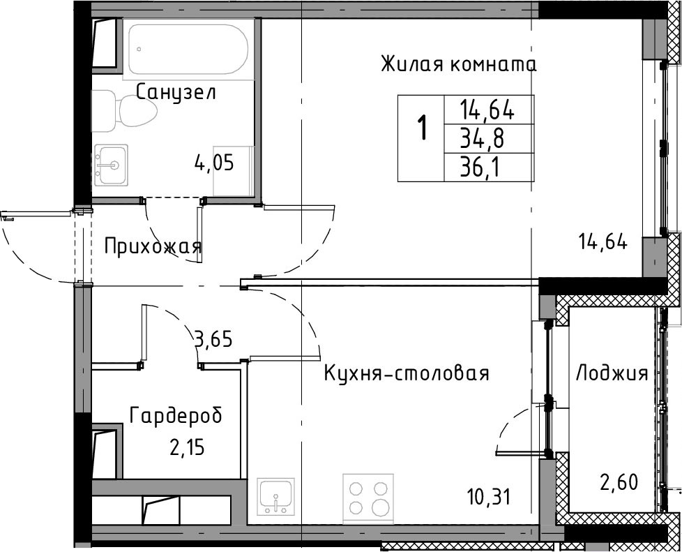 1-комнатная 37 м<sup>2</sup> на 2 этаже 1-комнатная 37 м<sup>2</sup> на 2 этаже