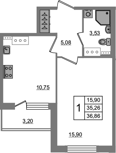 1-комнатная 38 м<sup>2</sup> на 3 этаже 1-комнатная 38 м<sup>2</sup> на 3 этаже