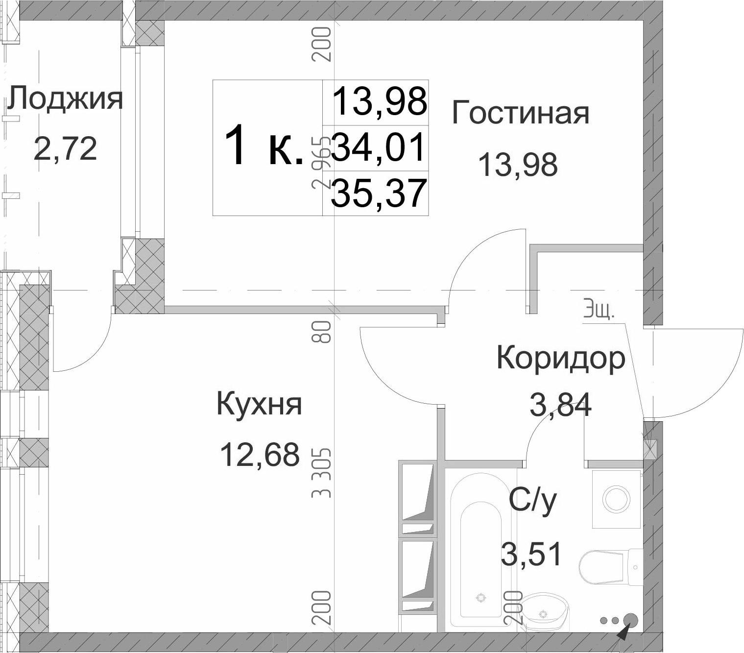 1-комнатная 36 м<sup>2</sup> на 3 этаже 1-комнатная 36 м<sup>2</sup> на 3 этаже