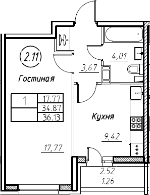 1-комнатная 37 м<sup>2</sup> на 12 этаже 1-комнатная 37 м<sup>2</sup> на 12 этаже