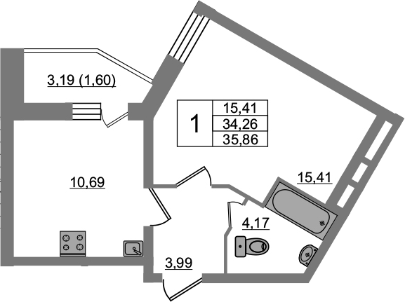 1-комнатная 37 м<sup>2</sup> на 2 этаже 1-комнатная 37 м<sup>2</sup> на 2 этаже