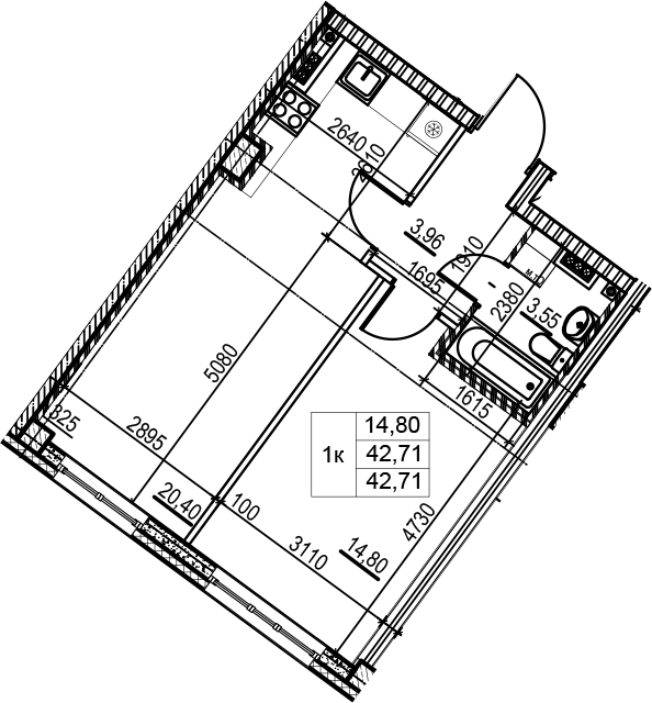 2-комнатная 42 м<sup>2</sup> на 3 этаже 2-комнатная 42 м<sup>2</sup> на 3 этаже