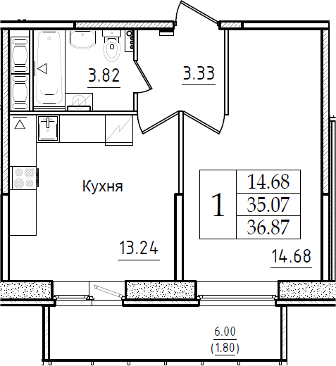 1-комнатная 41 м<sup>2</sup> на 10 этаже 1-комнатная 41 м<sup>2</sup> на 10 этаже