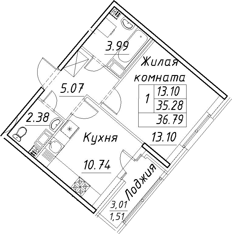 1-комнатная 38 м<sup>2</sup> на 3 этаже 1-комнатная 38 м<sup>2</sup> на 3 этаже