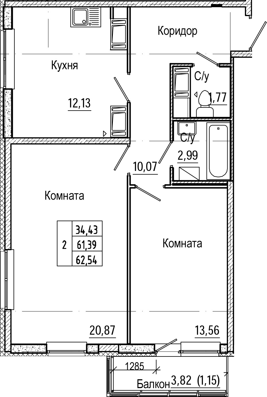 2-комнатная 65 м<sup>2</sup> на 24 этаже 2-комнатная 65 м<sup>2</sup> на 24 этаже