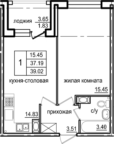 1-комнатная 40 м<sup>2</sup> на 4 этаже 1-комнатная 40 м<sup>2</sup> на 4 этаже