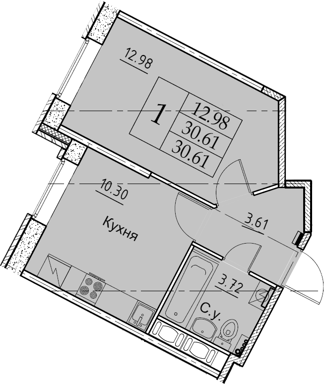 1-комнатная 30 м<sup>2</sup> на 2 этаже 1-комнатная 30 м<sup>2</sup> на 2 этаже