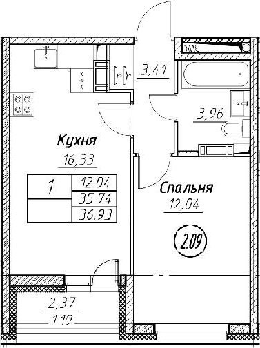 2-комнатная 38 м<sup>2</sup> на 11 этаже 2-комнатная 38 м<sup>2</sup> на 11 этаже