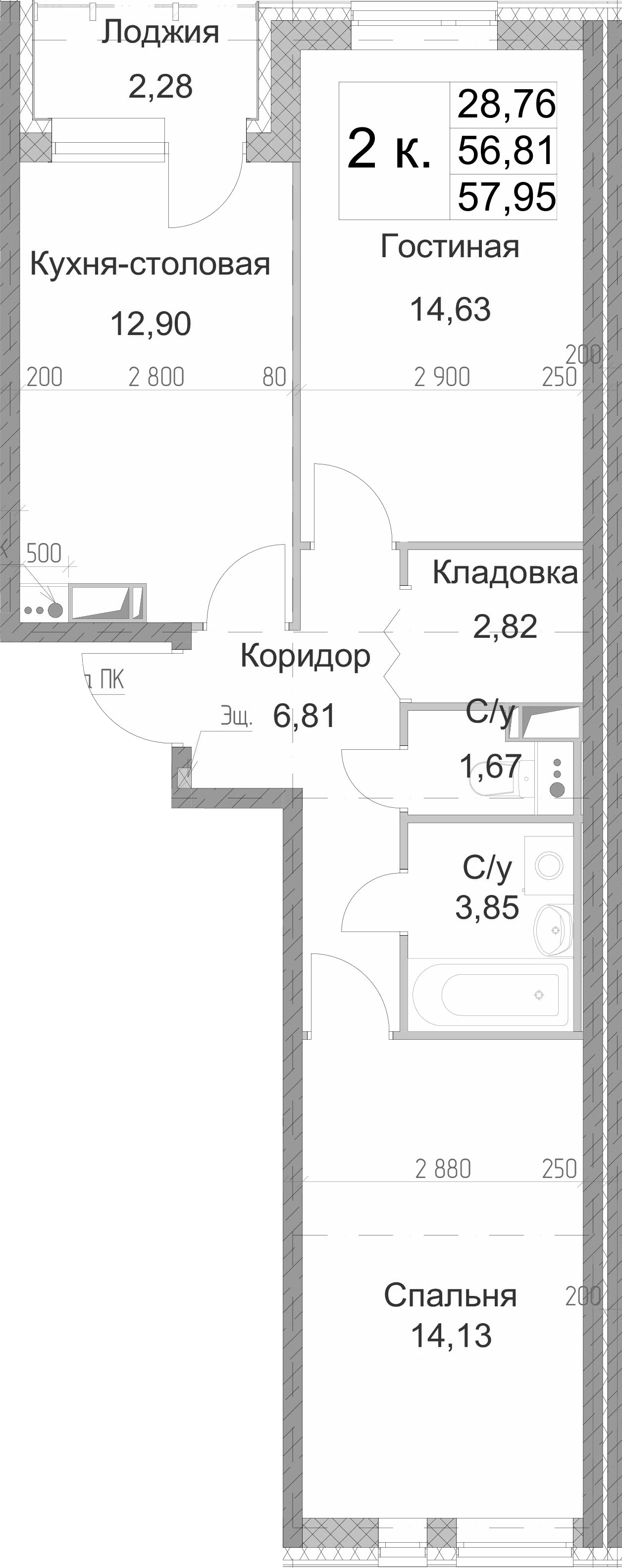 2-комнатная 59 м<sup>2</sup> на 3 этаже 2-комнатная 59 м<sup>2</sup> на 3 этаже