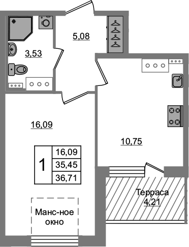 1-комнатная 39 м<sup>2</sup> на 5 этаже 1-комнатная 39 м<sup>2</sup> на 5 этаже