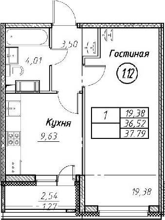 1-комнатная 39 м<sup>2</sup> на 3 этаже 1-комнатная 39 м<sup>2</sup> на 3 этаже