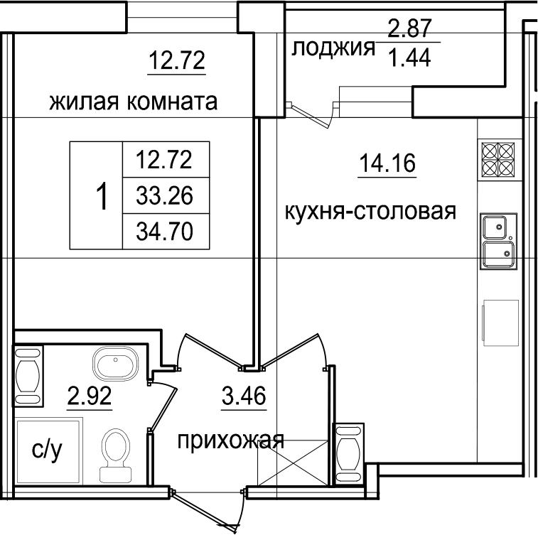 1-комнатная 36 м<sup>2</sup> на 4 этаже 1-комнатная 36 м<sup>2</sup> на 4 этаже