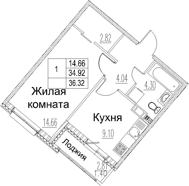 1-комнатная 37 м<sup>2</sup> на 3 этаже 1-комнатная 37 м<sup>2</sup> на 3 этаже